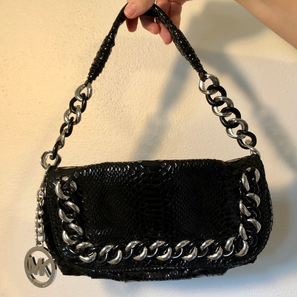 Michael Kors Black Shiny Snakeskin Chain Purse